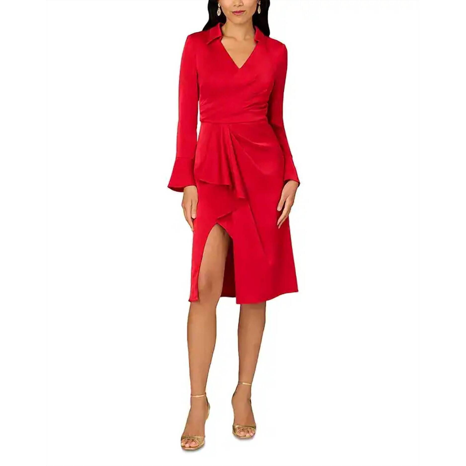 New Aidan Mattox Crepe Back Satin Midi Dress In Red